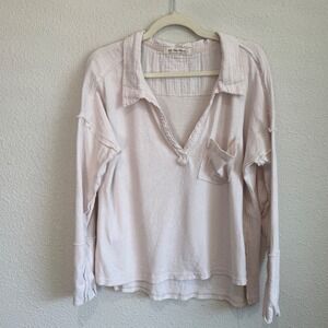 Free People We The Free Pink Cotton Gauze Oversized V-Neck Top L Boho Relaxed